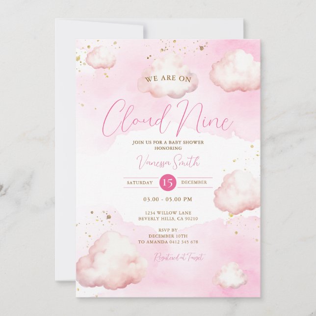 We Are On Cloud Nine Pink Baby Shower Gold Glitter Invitation (Front)