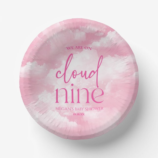 We Are On Cloud Nine Pink Baby Shower Paper Plate (Front)