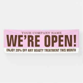 We are open beauty business pink brown white promo banner