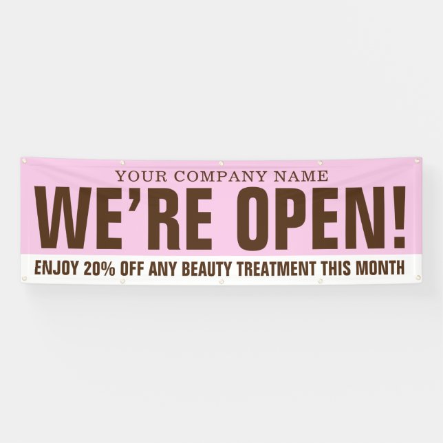 We are open beauty business pink brown white promo banner (Horizontal)