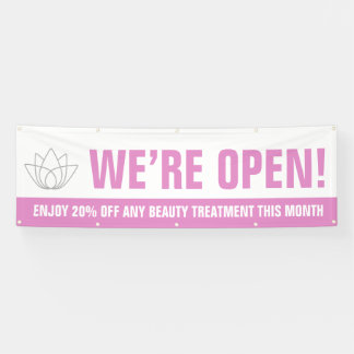 We are open beauty business pink white logo promo banner