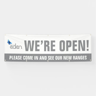 We are open business grey logo and message banner