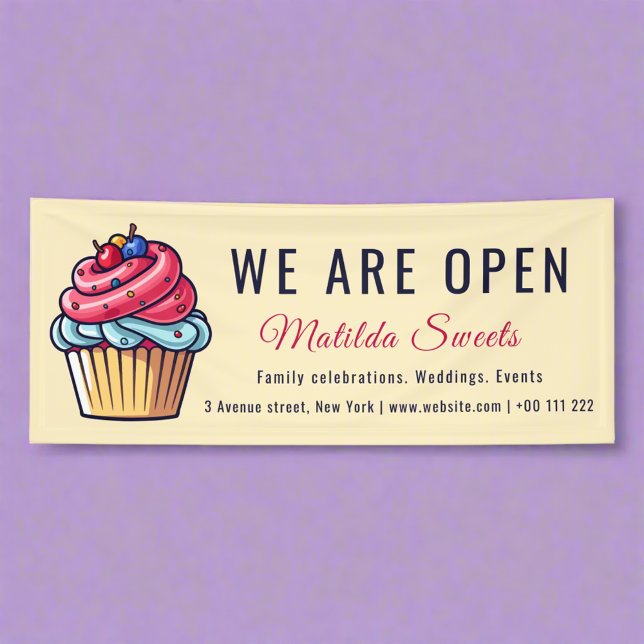 We are open Cute Cupcake Sweets Dessert Bakery Banner (Creator Uploaded)