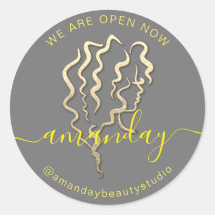 We Are Open Gold Logo Grey Yellow Name Hair Beauty Classic Round Sticker
