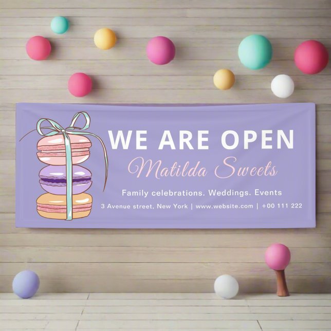 We are Open Pastry Chef Macaroon Purple Business Banner (Creator Uploaded)