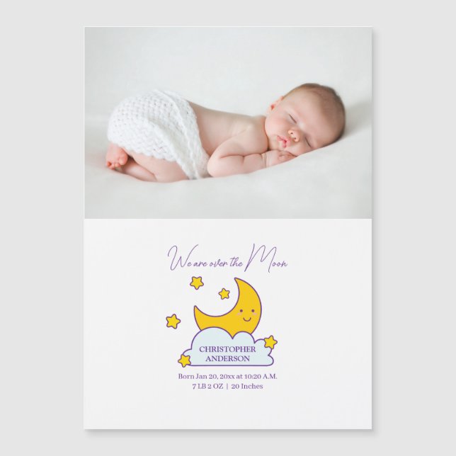 We Are Over The Moon Baby Photo Birth Announcement (Front)