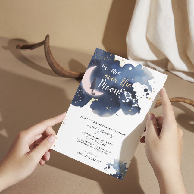 We are over the moon baby shower blue invitation (Creator Uploaded)