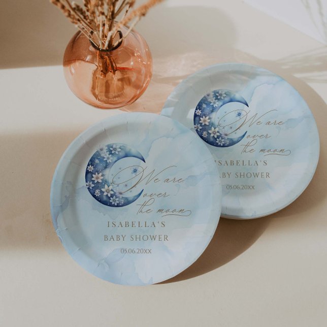 We Are Over The Moon Boy Baby Shower Paper Plate (Creator Uploaded)