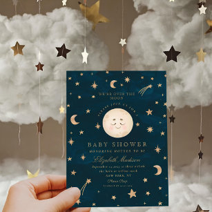 We are Over the Moon Cute Golden Star Baby Shower  Invitation
