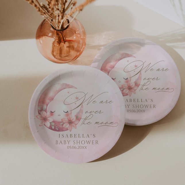 We Are Over The Moon Girl Baby Shower Paper Plate (Creator Uploaded)