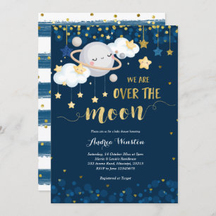 We are Over the Moon Navy Blue Baby Shower Invitation