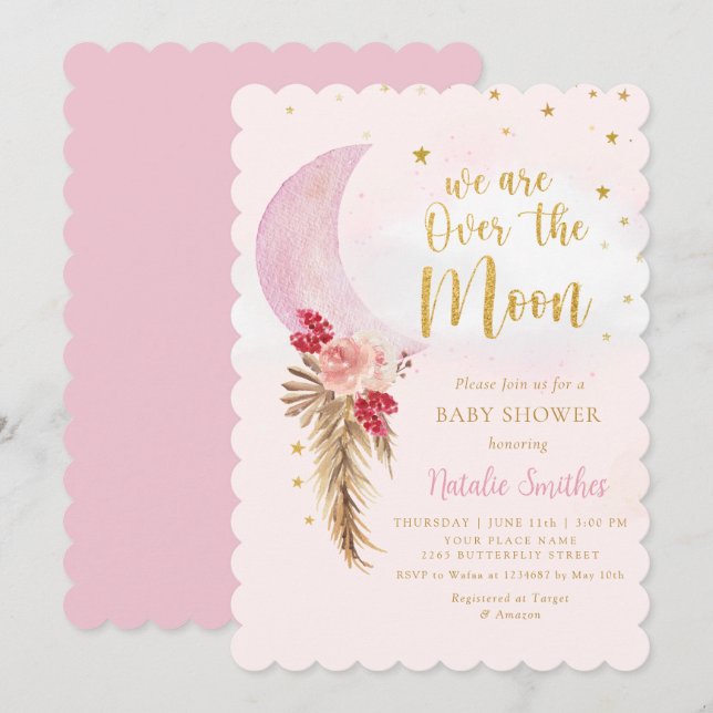 We are Over The Moon Pink Girl Baby Shower Invitation (Front/Back)