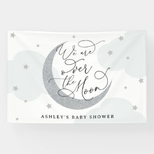 We Are Over the Moon Silver and Blue Baby Shower Banner