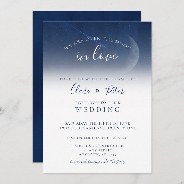 We are Over the Moon Starry Night Navy Wedding Invitation (Front/Back)
