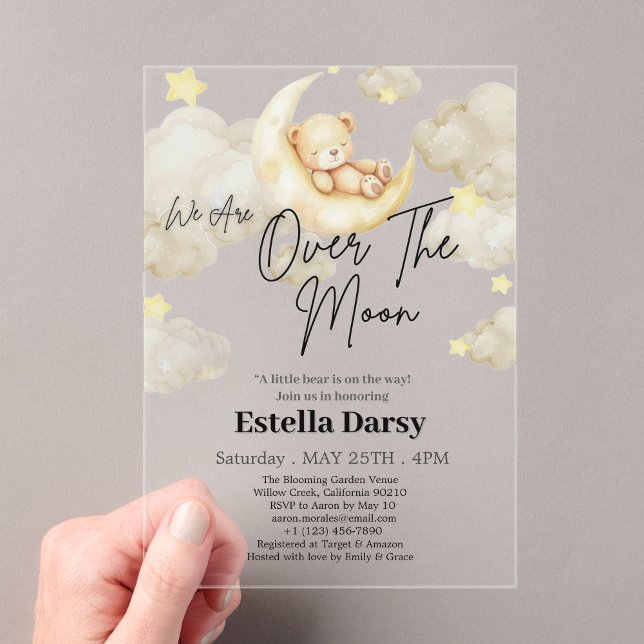 We Are Over The Moon Teddy Bear Baby Shower  Acrylic Invitations (Creator Uploaded)