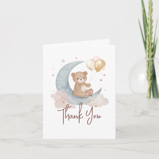 We Are Over The Moon Teddy Bear Baby Shower Thank You Card (Front)