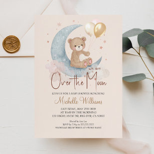 We Are Over The Moon Teddy Bear Stars Baby Shower Invitation