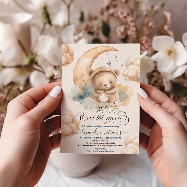 We Are Over The Moon Teddy Bear Stars Baby Shower Invitation (Creator Uploaded)