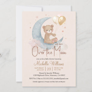 We Are Over The Moon Teddy Bear Stars Baby Shower Invitation
