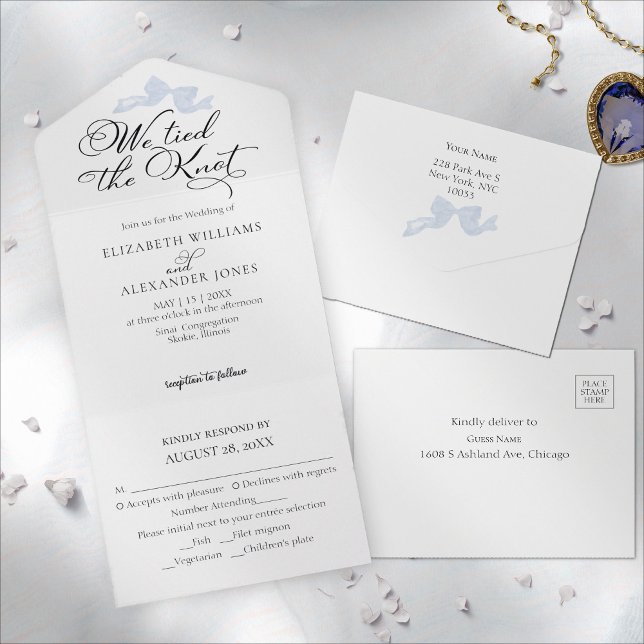 We Are Tying The Knot | Blue Bow Wedding All In One Invitation (Creator Uploaded)