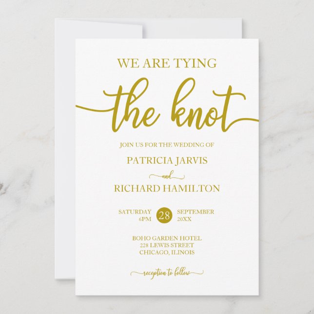 We Are Tying The Knot Gold Calligraphy Wedding Invitation (Front)