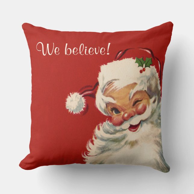"We Believe" Jolly Vintage Santa Claus Cushion (Front)