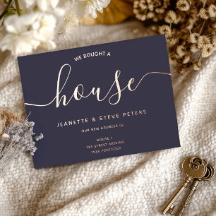 We bought a house navy blue simple script moving foil invitation postcard