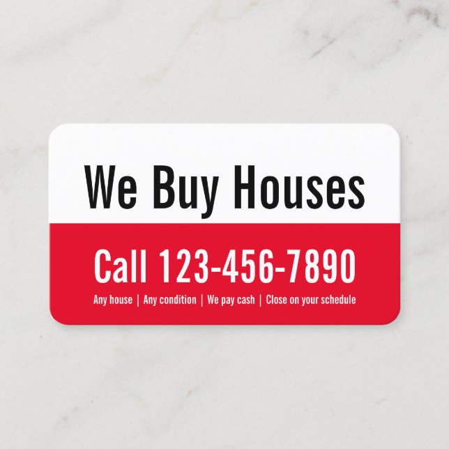 We Buy Houses Red and White Promotional Template Business Card (Front)