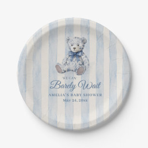 We Can Barely Wait Blue Teddy Baby Shower Paper Plate