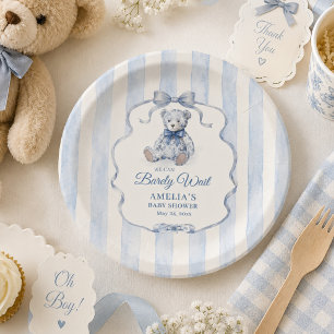 We Can Barely Wait Blue Teddy Baby Shower Paper Plate