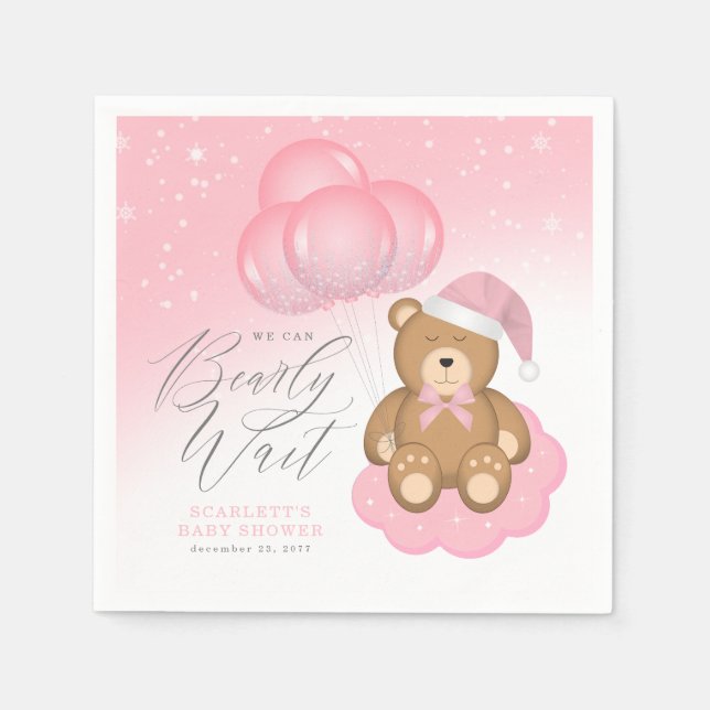 We Can Barely Wait Sleepy Bear Balloon Baby Shower Napkin (Front)