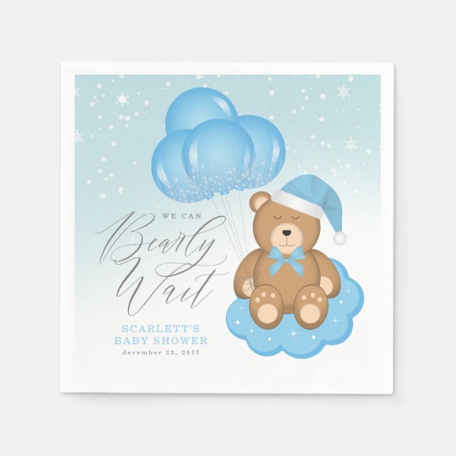 We Can Barely Wait Sleepy Bear Balloon Baby Shower Napkin (Front)