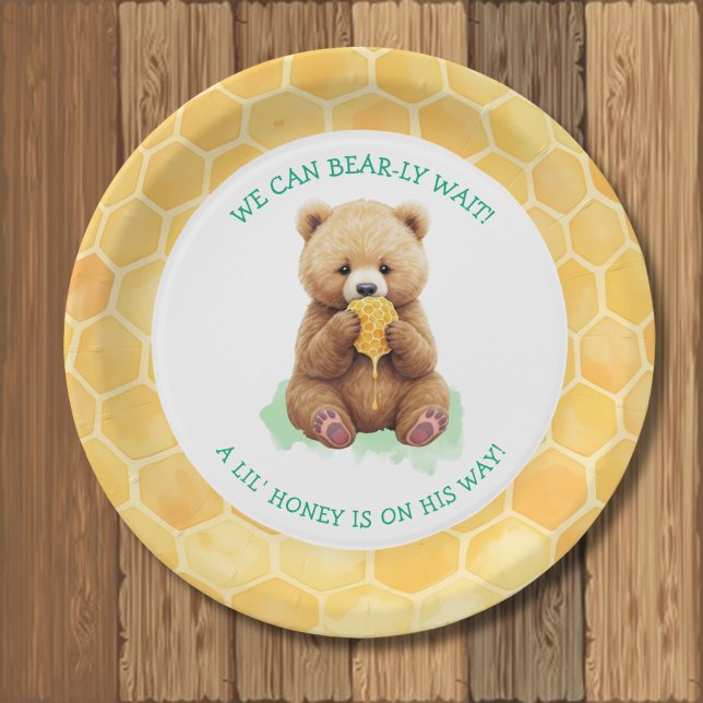 We Can Bear-ly Wait! Bear and Honey Baby Shower Paper Plate (Creator Uploaded)