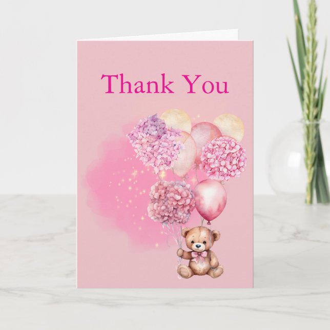 We Can Bearly Pink Balloon Hydrangea Thank You Card (Front)