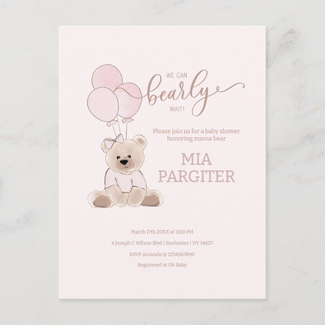 We Can Bearly Teddy Bear Pink Budget Baby Shower Postcard (Front)