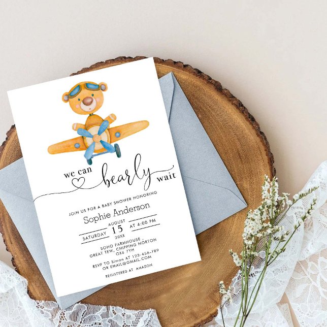 We Can Bearly Wait Aeroplane Bear Boy Baby Shower Invitation (Creator Uploaded)