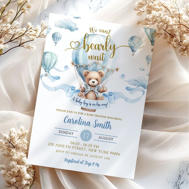 We Can Bearly Wait Air Balloon Bear Baby Shower Invitation (Creator Uploaded)