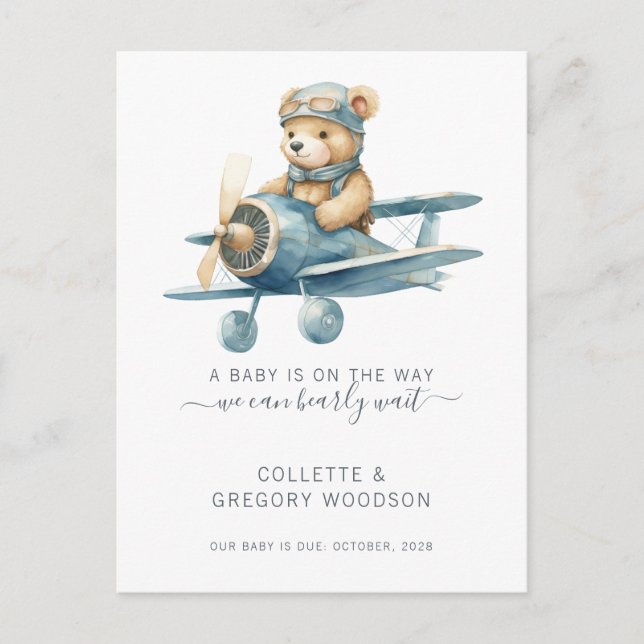 We Can Bearly Wait Baby Bear In Biplane Pregnancy  Announcement Postcard (Front)