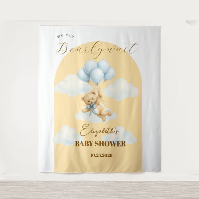 We Can Bearly Wait Baby Boy Shower backdrop Tapestry (Front)