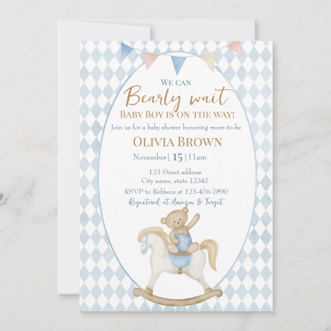 We Can Bearly Wait Baby Boy Shower Invitation  (Front)