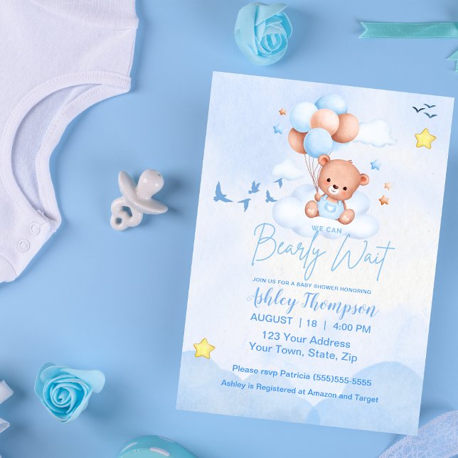 We Can Bearly Wait Baby Boy Shower  Invitation (Creator Uploaded)