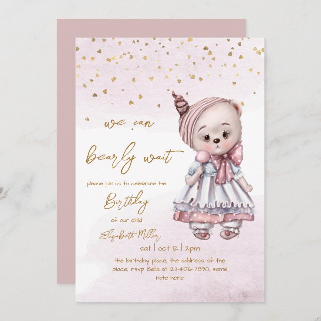 We Can Bearly Wait Baby Girl 1st Birthday  Invitation (Front/Back)