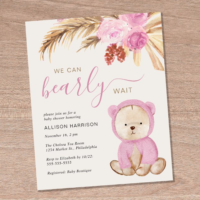 We Can Bearly Wait Baby Girl Shower Invitation (Creator Uploaded)
