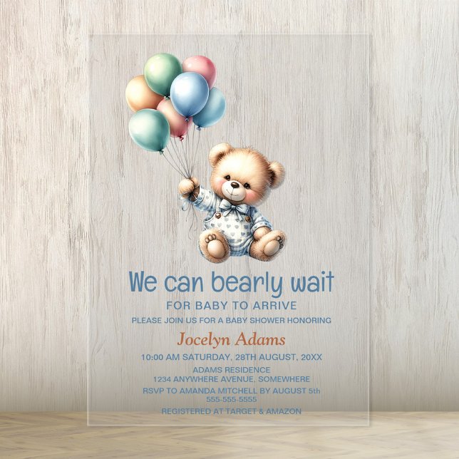 We Can Bearly Wait Baby Shower Acrylic Invitations (Creator Uploaded)