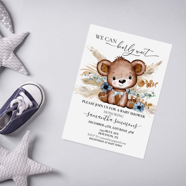 We Can Bearly Wait Baby Shower Bear Boho Blue  Invitation (Creator Uploaded)