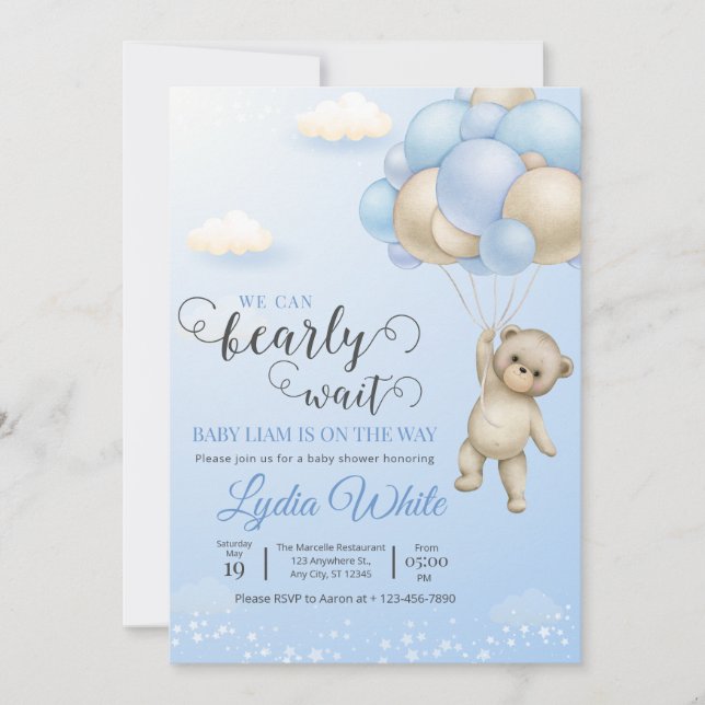 We Can Bearly Wait Baby Shower Boy Teddy Bear Invitation (Front)