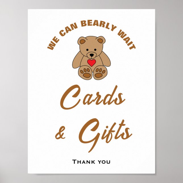 We Can Bearly Wait Baby Shower Cards & Gifts Sign (Front)