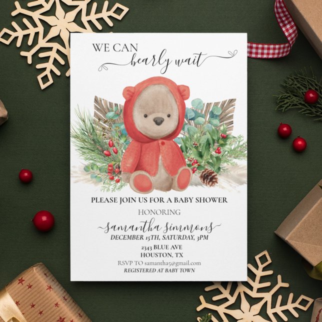 We Can Bearly Wait Baby Shower Christmas Boho Bear Invitation (Creator Uploaded)