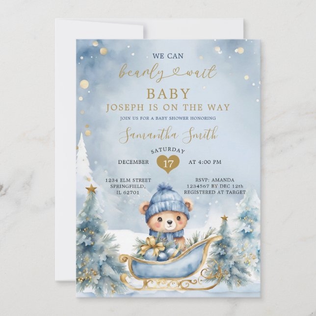 We Can Bearly Wait Baby Shower Dusty Blue Winter Invitation (Front)
