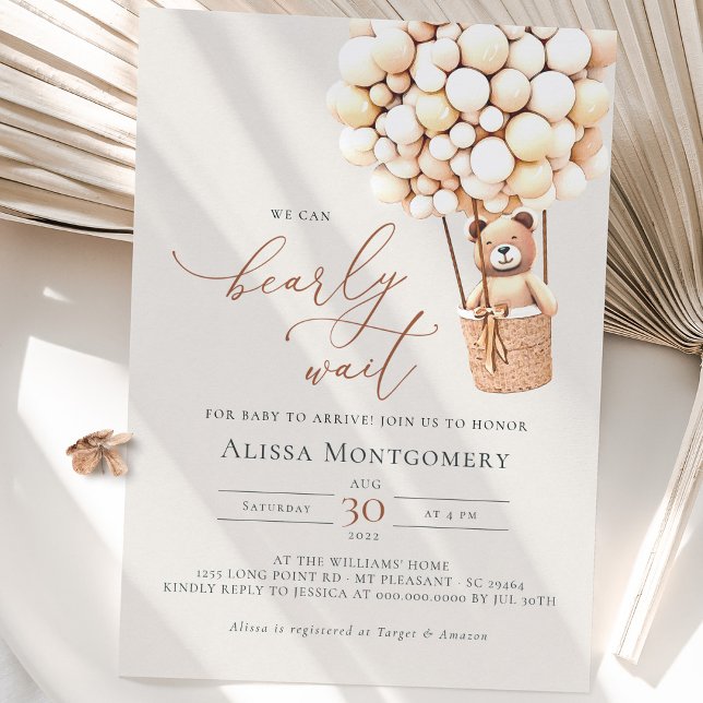 We Can Bearly Wait! Baby Shower Invitation (We can bearly wait! Gender Neutral Bear & Balloons Baby Shower Invite.)